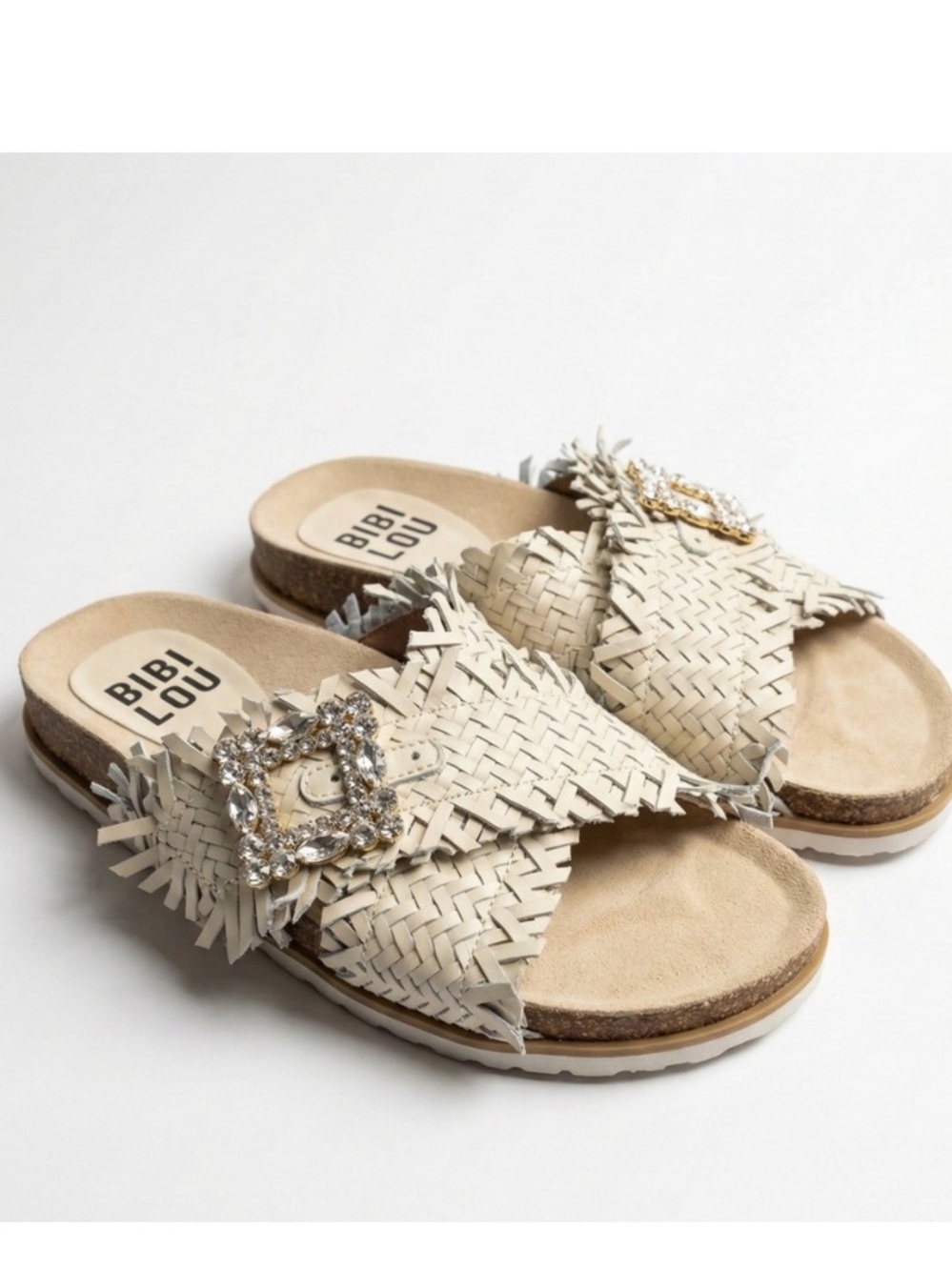 Bibi Lou Woven Leather Slide Sandals Crystal Buckle Fringe Cream Ivory Size 39/9